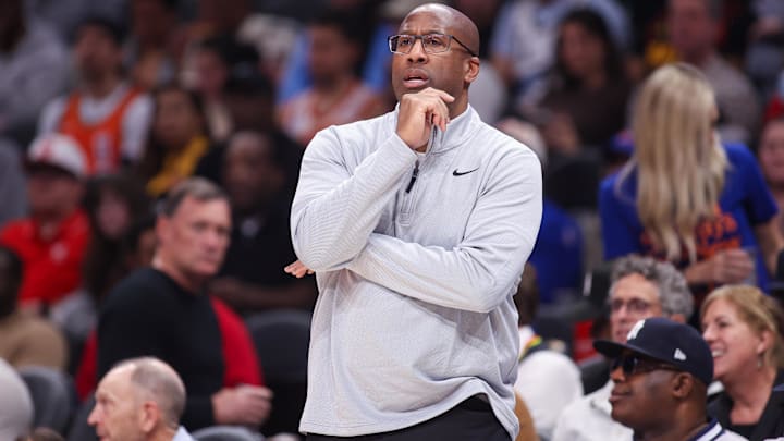 Dec 27, 2025; Atlanta, Georgia, USA; New York Knicks head coach Mike Brown on the sideline against the Atlanta Hawks in the first quarter at State Farm Arena.