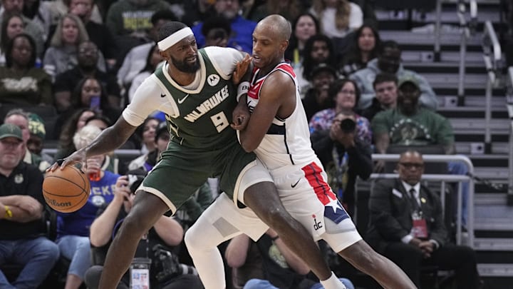 Oct 22, 2025; Milwaukee, Wisconsin, USA: Milwaukee Bucks forward Bobby Portis (9) and Washington Wizards forward Khris Middleton (22) battle against each other in the second half at Fiserv Forum. Mandatory Credit: Michael McLoone-Imagn Images Oct 22, 2025; Milwaukee, Wisconsin, USA: Milwaukee Bucks forward Bobby Portis (9) and Washington Wizards forward Khris Middleton (22) battle against each other in the second half at Fiserv Forum. Mandatory Credit: Michael McLoone-Imagn Images