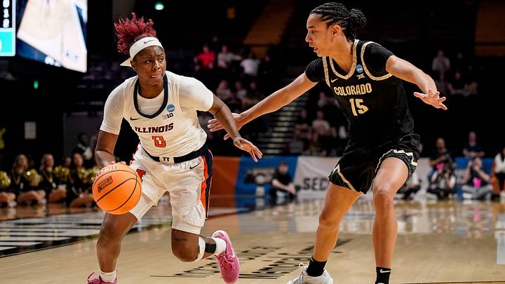Illinois guard Jasmine Brown-Hagger (8) bolts past Colorado forward Anaƫlle Dutat (15) during the second half in the first round of the NCAA college basketball tournament at Memorial Gym in Nashville, Tenn., Saturday, March 21, 2026. Illinois guard Jasmine Brown-Hagger (8) bolts past Colorado forward Anaƫlle Dutat (15) during the second half in the first round of the NCAA college basketball tournament at Memorial Gym in Nashville, Tenn., Saturday, March 21, 2026.