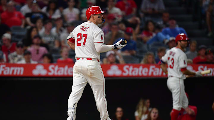 Sep 6, 2025; Anaheim, California, USA; Los Angeles Angels designated hitter Mike Trout (27) reacts after striking out against the Athletics during the seventh inning at Angel Stadium. Mandatory Credit: Gary A. Vasquez-Imagn Images Sep 6, 2025; Anaheim, California, USA; Los Angeles Angels designated hitter Mike Trout (27) reacts after striking out against the Athletics during the seventh inning at Angel Stadium. Mandatory Credit: Gary A. Vasquez-Imagn Images