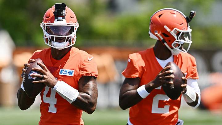 Jul 29, 2026; Berea, OH, USA; Cleveland Browns quarterback Shedeur Sanders (2) and quarterback Deshaun Watson (4) drop back to pass during training camp at CrossCountry Mortgage Campus. Mandatory Credit: Ken Blaze-Imagn Images Jul 29, 2026; Berea, OH, USA; Cleveland Browns quarterback Shedeur Sanders (2) and quarterback Deshaun Watson (4) drop back to pass during training camp at CrossCountry Mortgage Campus. Mandatory Credit: Ken Blaze-Imagn Images