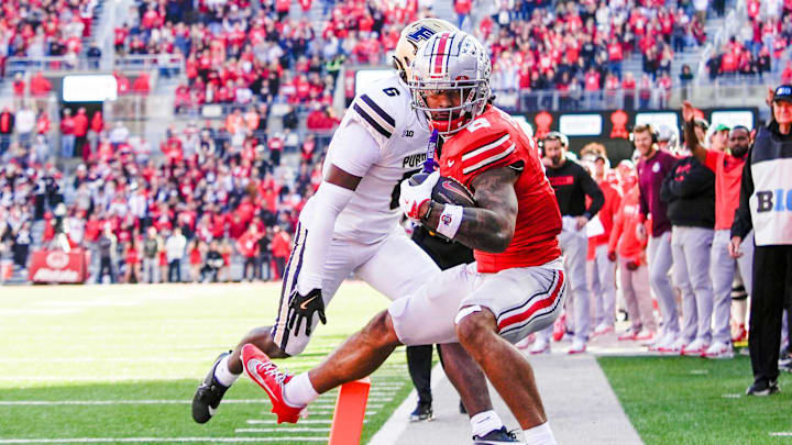 Ohio State Buckeyes wide receiver Emeka Egbuka (2) scores a touchdown against the Purdue Boilermakers in the second half at Ohio Stadium on Saturday, Nov. 9, 2024 in Columbus, Ohio. Ohio State Buckeyes wide receiver Emeka Egbuka (2) scores a touchdown against the Purdue Boilermakers in the second half at Ohio Stadium on Saturday, Nov. 9, 2024 in Columbus, Ohio.