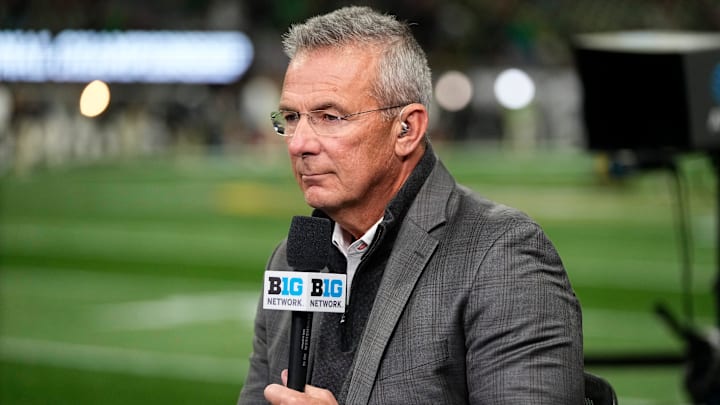 Former Ohio State Buckeyes head coach Urban Meyer broadcasts for the Big Ten Network prior to the College Football Playoff National Championship against the Notre Dame Fighting Irish at Mercedes-Benz Stadium in Atlanta on Jan. 20, 2025. Former Ohio State Buckeyes head coach Urban Meyer broadcasts for the Big Ten Network prior to the College Football Playoff National Championship against the Notre Dame Fighting Irish at Mercedes-Benz Stadium in Atlanta on Jan. 20, 2025.