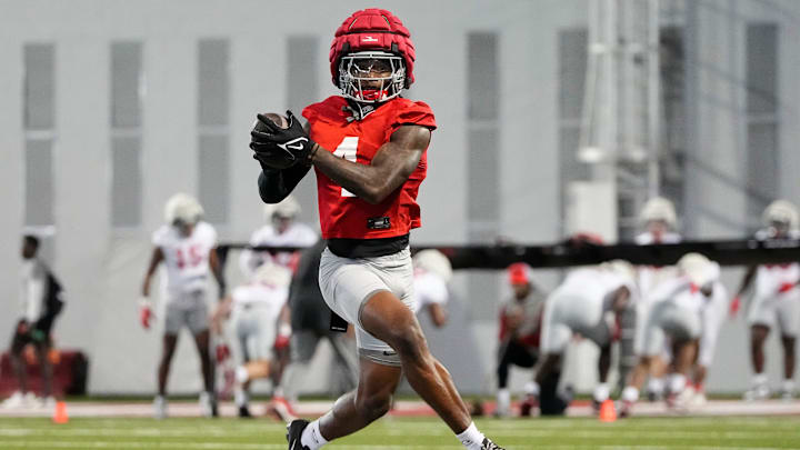 Ohio State Buckeyes wide receiver Jeremiah Smith (4) catches a ball during spring football practice at the Woody Hayes Athletic Center on March 17, 2025. Ohio State Buckeyes wide receiver Jeremiah Smith (4) catches a ball during spring football practice at the Woody Hayes Athletic Center on March 17, 2025.