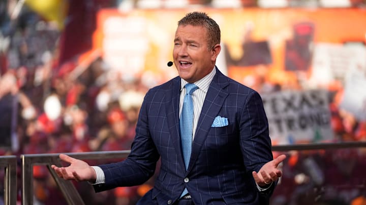 Kirk Herbstreit speaks on the set of ESPN College GameDay