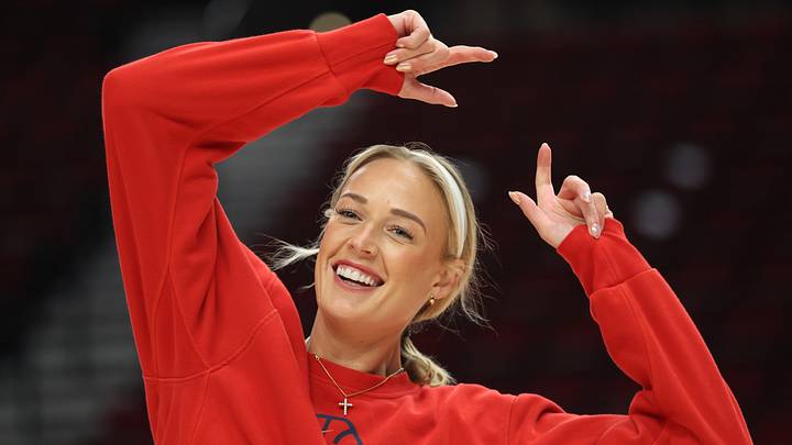 Indiana Fever guard Sophie Cunningham (8) reacts during warmups before a game against the Portland Fire at Moda Center. Indiana Fever guard Sophie Cunningham (8) reacts during warmups before a game against the Portland Fire at Moda Center.