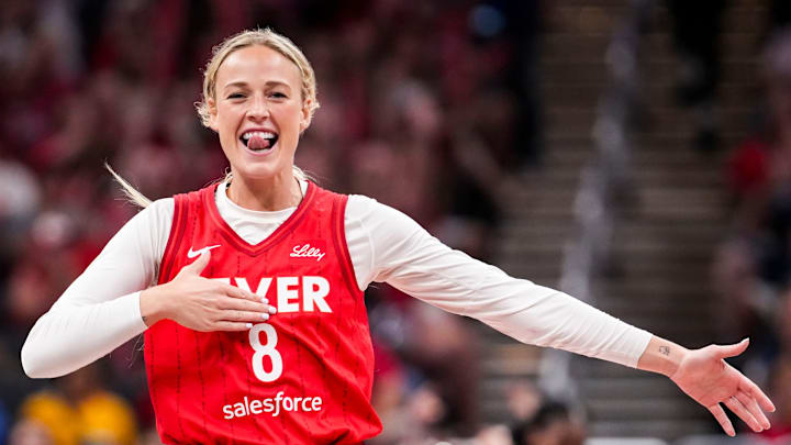 Indiana Fever guard Sophie Cunningham celebrates during a game between the Indiana Fever and the Atlanta Dream at Gainbridge Fieldhouse in Indianapolis.