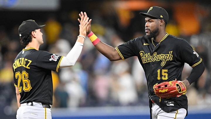 Aug 25, 2026; San Diego, California, USA; Pittsburgh Pirates center fielder Oneil Cruz (15) and shortstop Jacob Gonzalez (26) celebrate after the Pirates beat the San Diego Padres at Petco Park. Mandatory Credit: Denis Poroy-Imagn Images Aug 25, 2026; San Diego, California, USA; Pittsburgh Pirates center fielder Oneil Cruz (15) and shortstop Jacob Gonzalez (26) celebrate after the Pirates beat the San Diego Padres at Petco Park. Mandatory Credit: Denis Poroy-Imagn Images