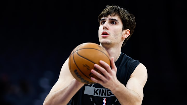 Jan 14, 2026; Sacramento, California, USA; Sacramento Kings center Maxime Raynaud (42) warms up before the game against the New York Knicks at Golden 1 Center. Mandatory Credit: Sergio Estrada-Imagn Images