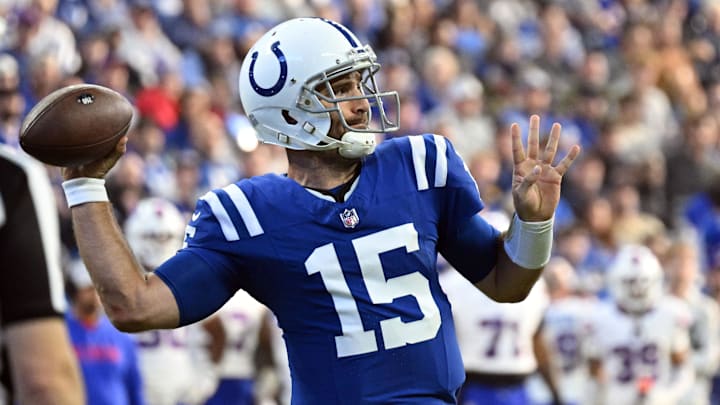 Nov 10, 2024; Indianapolis, Indiana, USA; Indianapolis Colts quarterback Joe Flacco (15) throws a pass during the second half against the Buffalo Bills at Lucas Oil Stadium. Mandatory Credit: Marc Lebryk-Imagn Images