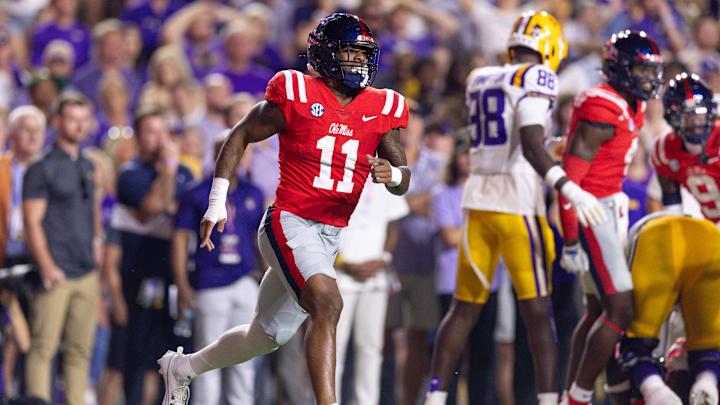 Oct 12, 2024; Baton Rouge, Louisiana, USA; Mississippi Rebels linebacker Chris Paul Jr. (11) reacts after an interception by defensive tackle Jamarious Brown (not pictured) against the LSU Tigers during the first half at Tiger Stadium. Mandatory Credit: Stephen Lew-Imagn Images Oct 12, 2024; Baton Rouge, Louisiana, USA; Mississippi Rebels linebacker Chris Paul Jr. (11) reacts after an interception by defensive tackle Jamarious Brown (not pictured) against the LSU Tigers during the first half at Tiger Stadium. Mandatory Credit: Stephen Lew-Imagn Images