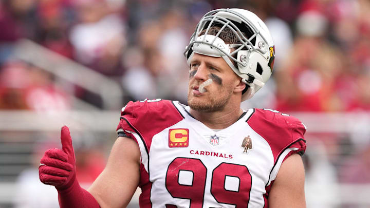 Jan 8, 2023; Santa Clara, California, USA; Arizona Cardinals defensive end J.J. Watt (99) gestures during the second quarter against the San Francisco 49ers at Levi's Stadium. Mandatory Credit: Darren Yamashita-Imagn Images Jan 8, 2023; Santa Clara, California, USA; Arizona Cardinals defensive end J.J. Watt (99) gestures during the second quarter against the San Francisco 49ers at Levi's Stadium. Mandatory Credit: Darren Yamashita-Imagn Images