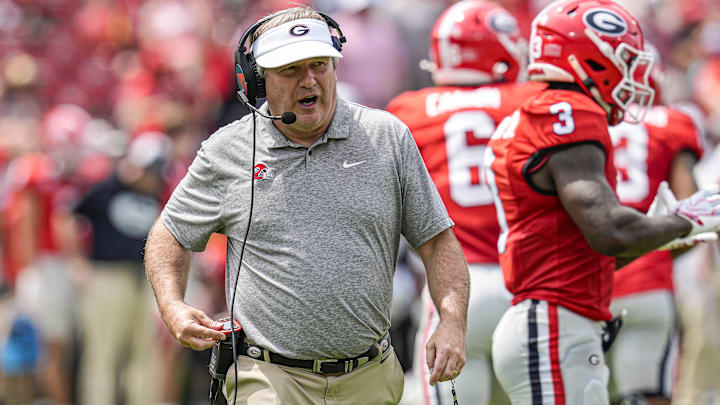 Apr 18, 2026; Athens, GA, USA; Georgia Bulldogs head coach Kirby Smart shown on the field during the Georgia Spring football game at Sanford Stadium. Mandatory Credit: Dale Zanine-Imagn Images