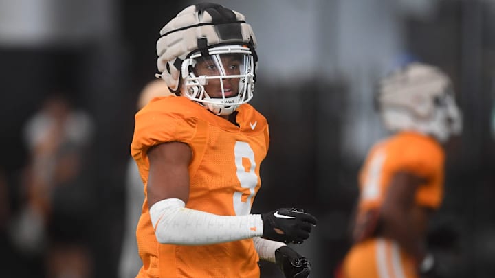 Tennessee’s Jakobe Thomas (9) during a fall Tennessee football practice, in Knoxville, Tenn., Thursday, Aug. 8, 2024.