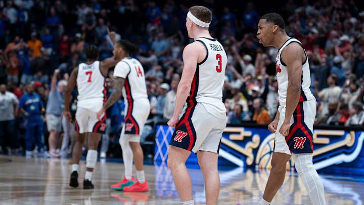 Mississippi Rebels guard Sean Pedulla (3) celebrates his game-winning shot against Arkansas with Mississippi Rebels guard Matthew Murrell (11) during their second round game of the SEC Men's Basketball Tournament at Bridgestone Arena in Nashville, Tenn., Thursday, March 13, 2025. The Rebels advanced to the third round with the 83-80 win. Mississippi Rebels guard Sean Pedulla (3) celebrates his game-winning shot against Arkansas with Mississippi Rebels guard Matthew Murrell (11) during their second round game of the SEC Men's Basketball Tournament at Bridgestone Arena in Nashville, Tenn., Thursday, March 13, 2025. The Rebels advanced to the third round with the 83-80 win.