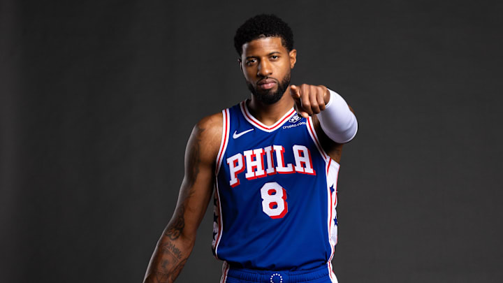 Sep 30, 2024; Camden, NJ, USA; Philadelphia 76ers forward Paul George (8) poses for a photo on media day at the Philadelphia 76ers Training Complex. Mandatory Credit: Bill Streicher-Imagn Images