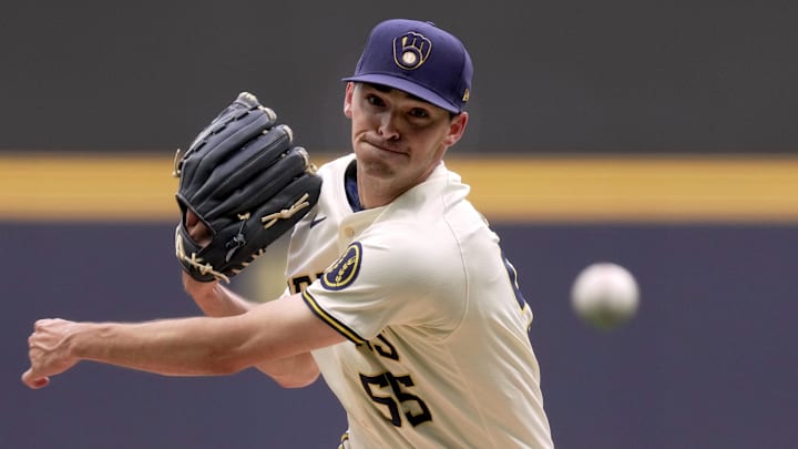 Milwaukee Brewers pitcher Hoby Milner (55) throws during the first inning of their game against the Texas Rangers Tuesday, June 25, 2024 at American Family Field in Milwaukee, Wisconsin.