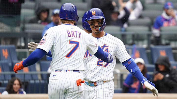 May 28, 2025; New York, New York, USA; New York Mets third baseman Mark Vientos (27) celebrates with New York Mets third baseman Brett Baty (7) after hitting a home run during the third inning against the Chicago White Sox at Citi Field. Mandatory Credit: Lucas Boland-Imagn Images