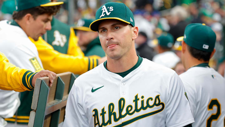 Mar 31, 2025; West Sacramento, California, USA; Athletics outfielder JJ Bleday before the game against the Chicago Cubs at Sutter Health Park. Mandatory Credit: Sergio Estrada-Imagn Images
