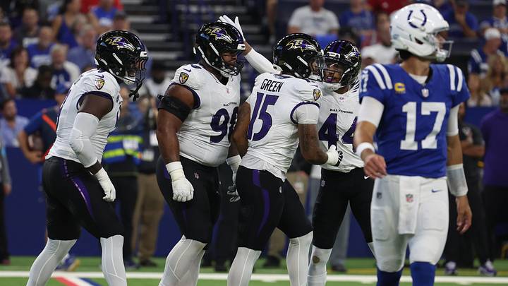 Sep 13, 2026; Indianapolis, Indiana, USA; Baltimore Ravens defensive line Travis Jones (98) and linebacker Zion Young (9) and linebacker Roquan Smith (0) and linebacker Mike Green (15) and cornerback Marlon Humphrey (44) celebrate during the first quarter against the Indianapolis Colts at Lucas Oil Stadium. Mandatory Credit: Trevor Ruszkowski-Imagn Images Sep 13, 2026; Indianapolis, Indiana, USA; Baltimore Ravens defensive line Travis Jones (98) and linebacker Zion Young (9) and linebacker Roquan Smith (0) and linebacker Mike Green (15) and cornerback Marlon Humphrey (44) celebrate during the first quarter against the Indianapolis Colts at Lucas Oil Stadium. Mandatory Credit: Trevor Ruszkowski-Imagn Images
