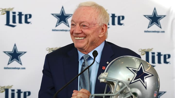 Dallas Cowboys owner Jerry Jones smiles as he answers questions during a press conference at Ford Center at The Star. 