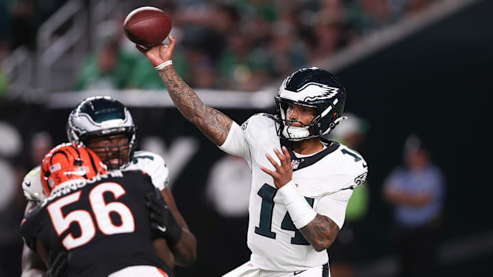 Aug 7, 2025; Philadelphia, Pennsylvania, USA; Philadelphia Eagles quarterback Dorian Thompson-Robinson (14) passes the ball against the Cincinnati Bengals during the third quarter at Lincoln Financial Field. Mandatory Credit: Bill Streicher-Imagn Images