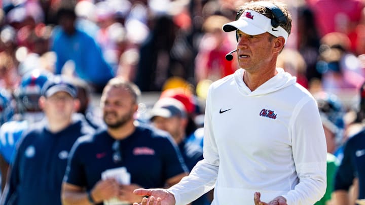 Ole Miss head coach Lane Kiffin reacts to an official during a college football game between Ole Miss and LSU at Vaught-Hemingway Stadium in Oxford, Miss., on Saturday, Sept. 27, 2025.