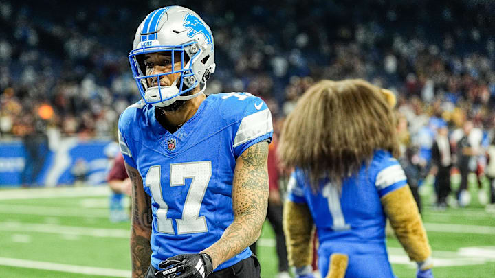 Detroit Lions wide receiver Tim Patrick (17) walks off the field after 45-31 loss to Washington Commanders at the NFC divisional round at Ford Field in Detroit on Saturday, Jan. 18, 2025.