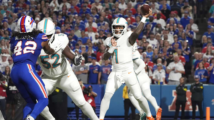 Miami Dolphins quarterback Tua Tagovailoa (1) passes against the Buffalo Bills in the first quarter at Highmark Stadium.