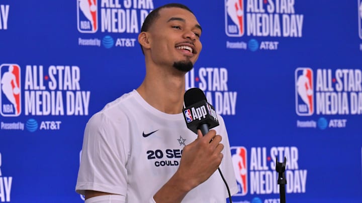 Feb 14, 2026; Los Angeles, CA, USA; Team World center Victor Wembanyama (1) of the San Antonio Spurs during a new conference for the NBA All Star game at Intuit Dome. Mandatory Credit: Jayne Kamin-Oncea-Imagn Images Feb 14, 2026; Los Angeles, CA, USA; Team World center Victor Wembanyama (1) of the San Antonio Spurs during a new conference for the NBA All Star game at Intuit Dome. Mandatory Credit: Jayne Kamin-Oncea-Imagn Images