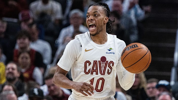 Jan 14, 2025; Indianapolis, Indiana, USA; Cleveland Cavaliers guard Darius Garland (10) dribbles the ball in the first half against the Indiana Pacers at Gainbridge Fieldhouse. Mandatory Credit: Trevor Ruszkowski-Imagn Images