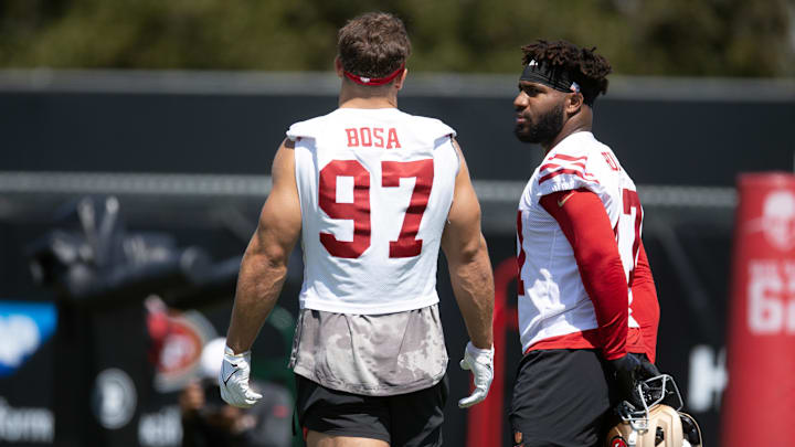 Jun 10, 2025; Santa Clara, CA, USA; San Francisco 49ers defensive end Nick Bosa (97) chats up new teammate Bryce Huff (47) during an OTA at Levi's Stadium. Mandatory Credit: D. Ross Cameron-Imagn Images
