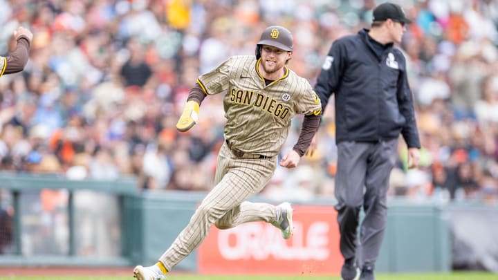 Sep 15, 2024; San Francisco, California, USA;  San Diego Padres first base Jake Cronenworth (9) comes around to score during the tenth inning against the San Francisco Giants at Oracle Park.