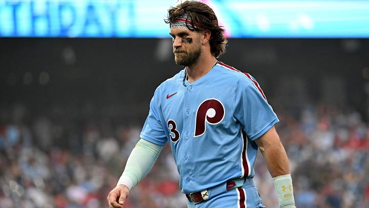 Jul 16, 2026; Philadelphia, Pennsylvania, USA; Philadelphia Phillies first baseman Bryce Harper (3) against the New York Mets at Citizens Bank Park. Mandatory Credit: Eric Hartline-Imagn Images Jul 16, 2026; Philadelphia, Pennsylvania, USA; Philadelphia Phillies first baseman Bryce Harper (3) against the New York Mets at Citizens Bank Park. Mandatory Credit: Eric Hartline-Imagn Images