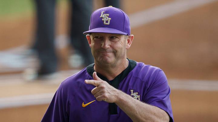 LSU head coach Jay Johnson points before LSU's game against Southeastern Louisiana