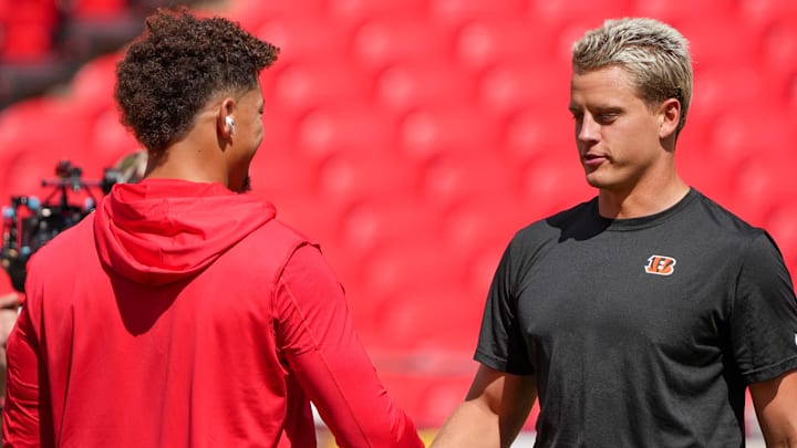 Sep 15, 2024; Kansas City, Missouri, USA; Kansas City Chiefs quarterback Patrick Mahomes (15) shakes hands with Cincinnati Bengals quarterback Joe Burrow (9) prior to a game at GEHA Field at Arrowhead Stadium. Mandatory Credit: Denny Medley-Imagn Images Sep 15, 2024; Kansas City, Missouri, USA; Kansas City Chiefs quarterback Patrick Mahomes (15) shakes hands with Cincinnati Bengals quarterback Joe Burrow (9) prior to a game at GEHA Field at Arrowhead Stadium. Mandatory Credit: Denny Medley-Imagn Images