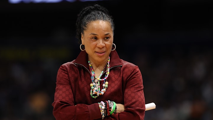 Apr 4, 2025; Tampa, FL, USA;  South Carolina Gamecocks head coach Dawn Staley reacts during the first quarter in a semifinal of the women's 2025 NCAA tournament against the Texas Longhorns at Amalie Arena. Mandatory Credit: Nathan Ray Seebeck-Imagn Images