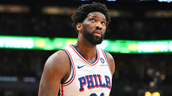 Oct 28, 2023; Toronto, Ontario, CAN;  Philadelphia 76ers center Joel Embiid (21) reacts to a foul call in the first half against the Toronto Raptors at Scotiabank Arena. Mandatory Credit: Dan Hamilton-Imagn Images