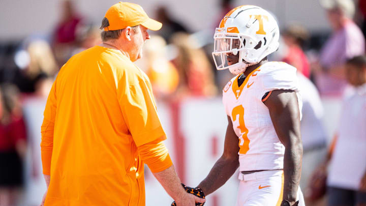 Tennessee head coach Josh Heupel and Tennessee defensive back Dee Williams (3) before a football game between Tennessee and Alabama at Bryant-Denny Stadium in Tuscaloosa, Ala., on Saturday, Oct. 21, 2023.