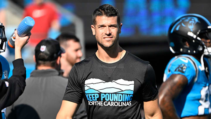 Oct 13, 2024; Charlotte, North Carolina, USA; Head coach Dave Canales before the game at Bank of America Stadium. Mandatory Credit: Bob Donnan-Imagn Images