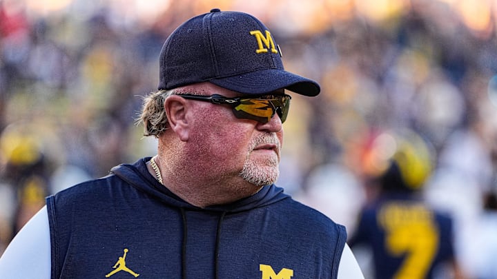Michigan defensive coordinator Wink Martindale watches warm up ahead of the New Mexico game at Michigan Stadium in Ann Arbor on Saturday, August 30, 2025. Michigan defensive coordinator Wink Martindale watches warm up ahead of the New Mexico game at Michigan Stadium in Ann Arbor on Saturday, August 30, 2025.