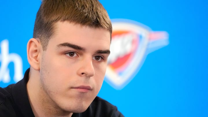 Nikola Topic speaks during an introductory press conference for the 2024 Thunder draft picks at Oklahoma Contemporary Arts Center in Oklahoma City, Saturday, June, 29, 2024. Nikola Topic speaks during an introductory press conference for the 2024 Thunder draft picks at Oklahoma Contemporary Arts Center in Oklahoma City, Saturday, June, 29, 2024.