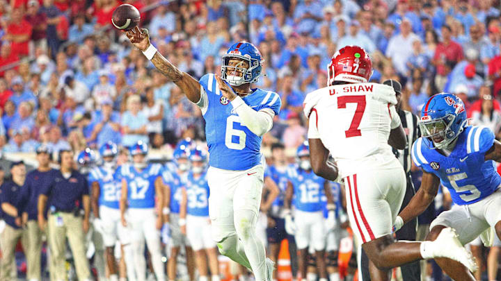 Sep 13, 2025; Oxford, Mississippi, USA; Mississippi Rebels quarterback Trinidad Chambliss (6) passes the ball during the fourth quarter against the Arkansas Razorback at Vaught-Hemingway Stadium. Mandatory Credit: Petre Thomas-Imagn Images