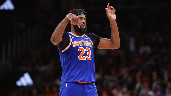 Apr 30, 2026; Atlanta, Georgia, USA; New York Knicks center Mitchell Robinson (23) shows emotion after a play against the Atlanta Hawks in the second quarter during game six of the first round of the 2026 NBA Playoffs at State Farm Arena. Mandatory Credit: Brett Davis-Imagn Images