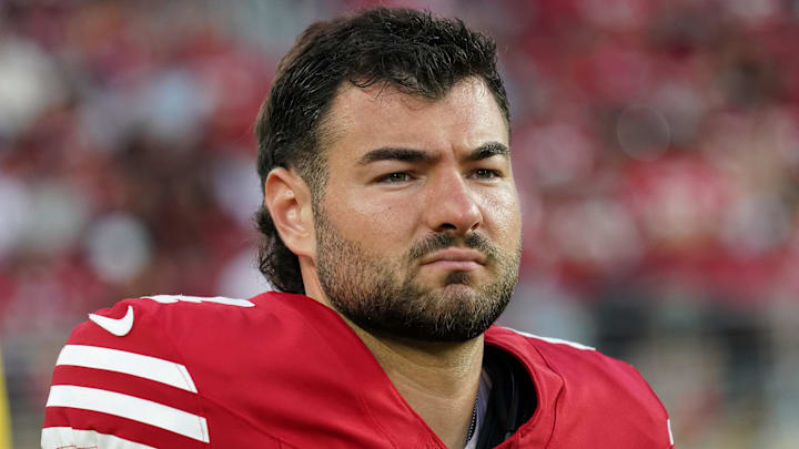 Aug 9, 2025; Santa Clara, California, USA;  San Francisco 49ers kicker Jake Moody (4) stands on the sidelines in the third quarter during a game against the Denver Broncos at Levi's Stadium. Mandatory Credit: David Gonzales-Imagn Images