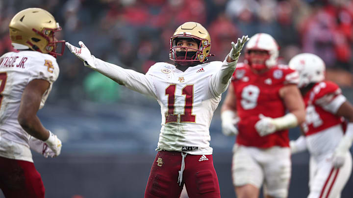 Dec 28, 2024; Bronx, NY, USA; Boston College Eagles wide receiver Lewis Bond (11) reacts after a reception during the first half against the Nebraska Cornhuskers at Yankee Stadium. Mandatory Credit: Vincent Carchietta-Imagn Images