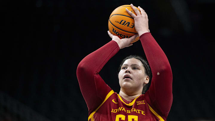 Mar 7, 2025; Kansas City, MO, USA; Iowa State Cyclones center Audi Crooks (55) shoots a free throw against the Baylor Lady Bears in the second half at T-Mobile Center. Mandatory Credit: Amy Kontras-Imagn Images