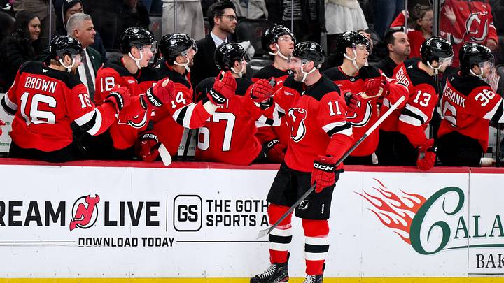 Dec 13, 2025; Newark, New Jersey, USA; New Jersey Devils right wing Stefan Noesen (11) celebrates with teammates after scoring a goal against the Anaheim Ducks during the first period at Prudential Center. Mandatory Credit: John Jones-Imagn Images