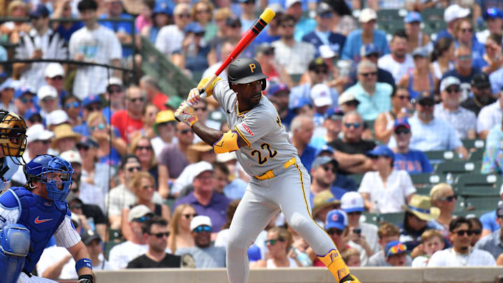 Aug 16, 2025; Chicago, Illinois, USA; Pittsburgh Pirates designated hitter Andrew McCutchen (22) at bat during the second inning against the Chicago Cubs at Wrigley Field. Mandatory Credit: Patrick Gorski-Imagn Images