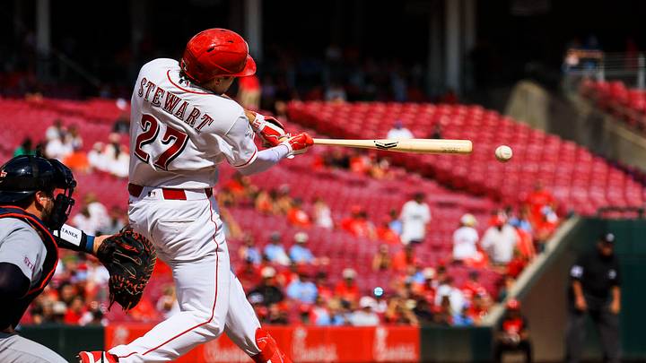 Aug 17, 2026; Cincinnati, Ohio, USA; Cincinnati Reds first baseman Sal Stewart (27) hits a double in the eighth inning against the St. Louis Cardinals at Great American Ball Park. Mandatory Credit: Katie Stratman-Imagn Images